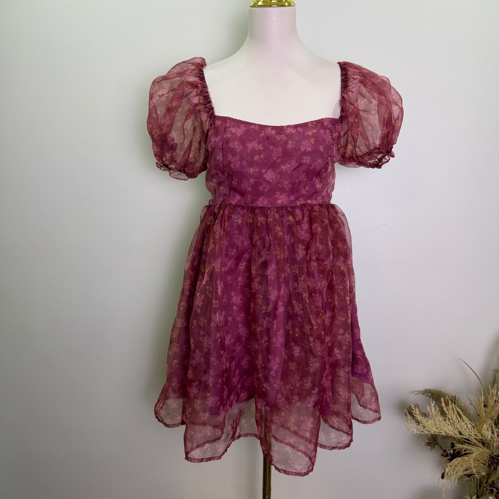 Altar'd State Large Purple Floral Sheer Organza Puff Sleeve Mini Dress Babydoll